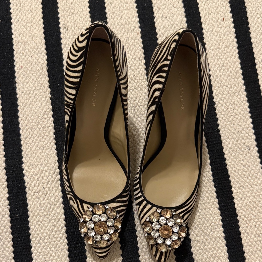 Ann Taylor Black and Cream Zebra Heels with Embellishment